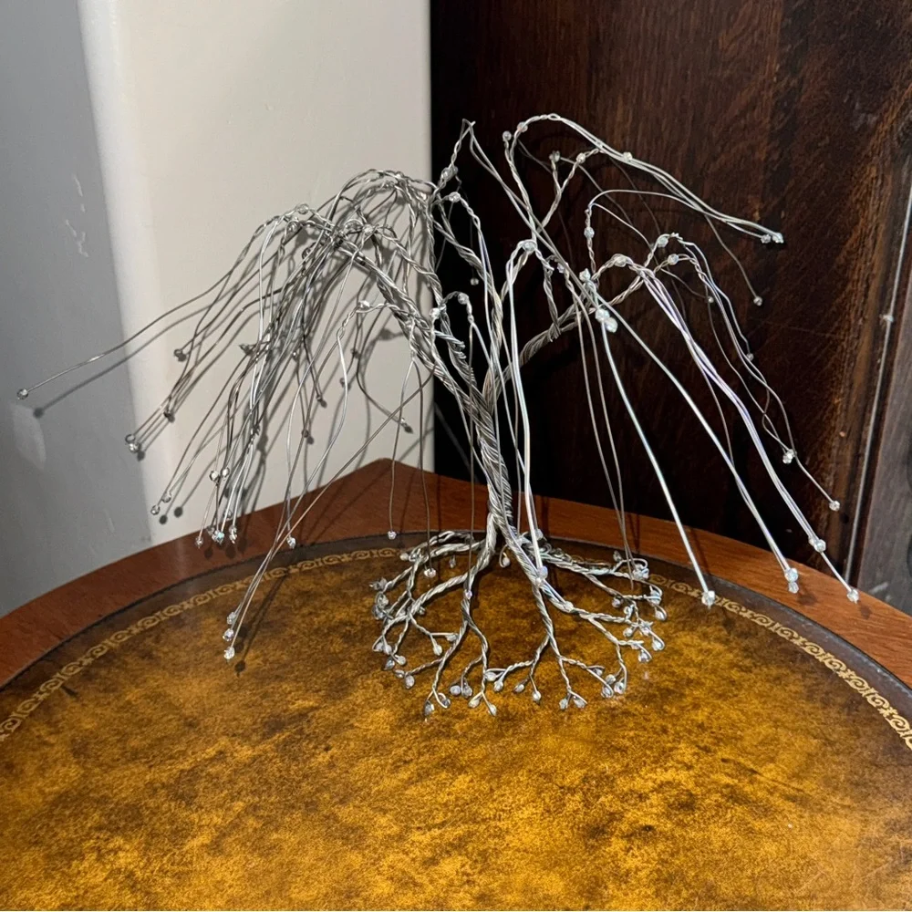 Silver Wire Tree Sculpture Beaded Weeping Willow Bonsai Tree Sculpture Cottage